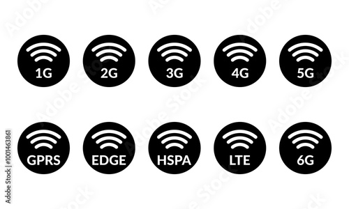 mobile network round solid vector icon set
