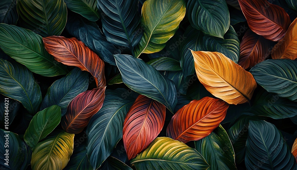 Vibrant green, red, and yellow tropical leaves in a jungle setting. Vibrant green, red, and yellow tropical leaves in a jungle setting.