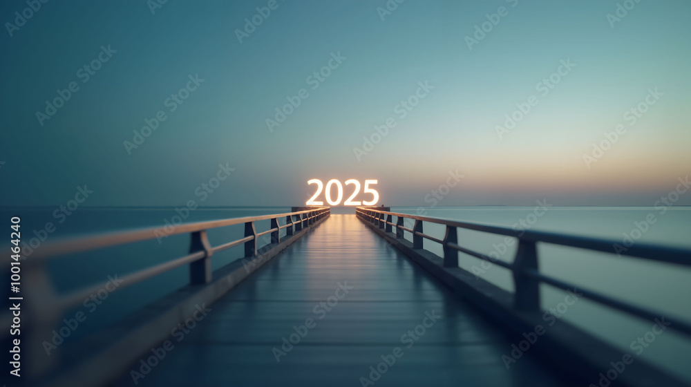 Obraz premium Glowing 2025 on a pier at sunset