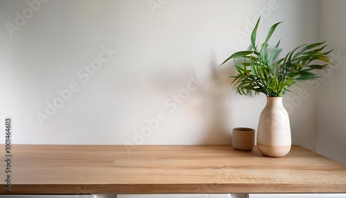 Kitchen Wooden Countertop Against a White Wall Background, - Clean Closeup Mockup