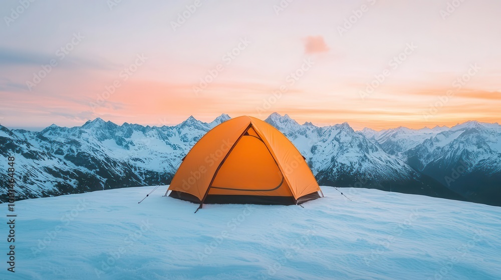 Tent on a snowy mountain peak, twilight hues, peaceful and adventurous Tent on a snowy mountain peak, twilight hues, peaceful and adventurous