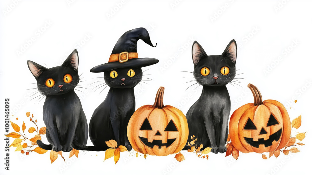 Watercolor depiction of three black cats sitting near halloween jack o lantern pumpkins Watercolor depiction of three black cats sitting near halloween jack o lantern pumpkins
