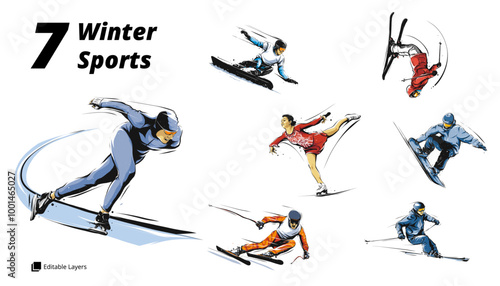 Dynamic Set of Winter Sports – Vector Illustration with Editable Layers