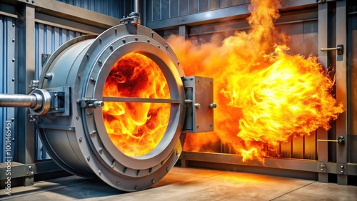 Close up shot of explosion proof motorized fire damper for industrial safety concept