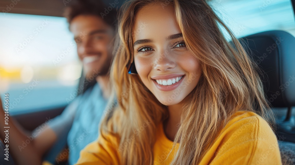 Happy Woman in a Yellow Sweater Smiling in a Car Happy Woman in a Yellow Sweater Smiling in a Car