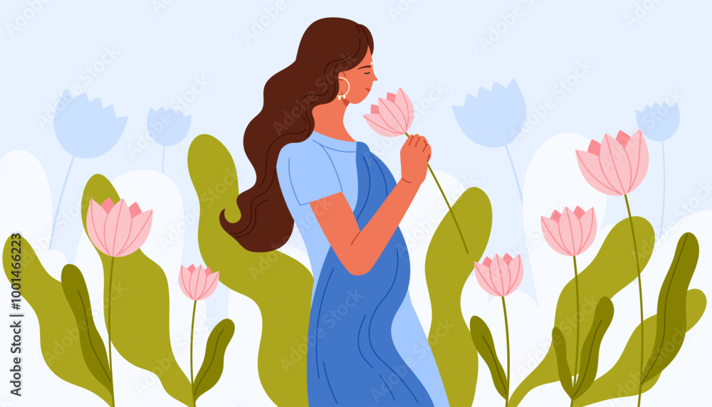 Indian young woman in traditional blue dress holding pink flower to smell floral scent. Pretty romantic portrait of happy girl with long hair standing in summer meadow cartoon vector illustration