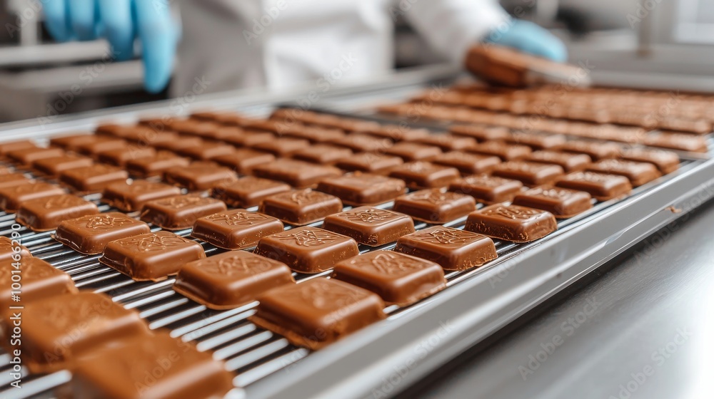 Chocolate Production Line with Squares on Conveyor Belt Chocolate Production Line with Squares on Conveyor Belt