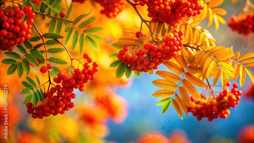 Vibrant autumn colors of beautiful rowan tree branches in the fall season