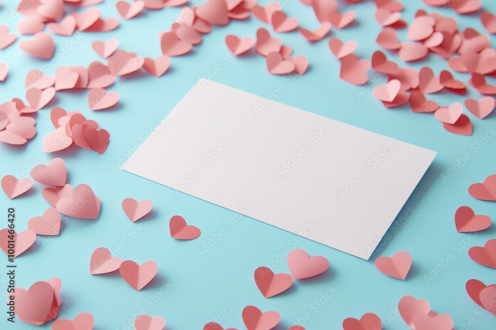 A white card with a heart on it sits on a blue background A white card with a heart on it sits on a blue background
