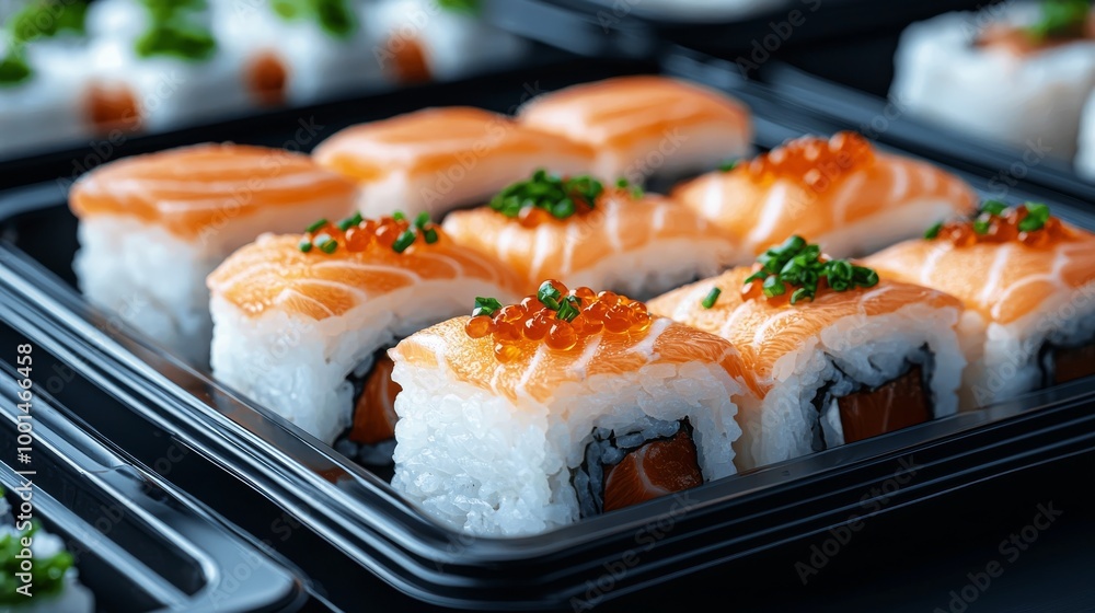 Close Up of Salmon Sushi Rolls with Caviar and Green Onion Close Up of Salmon Sushi Rolls with Caviar and Green Onion