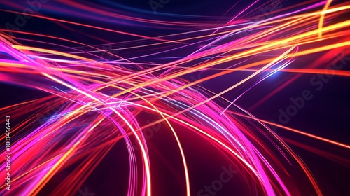 Abstract background of colorful neon glowing lines on black background.