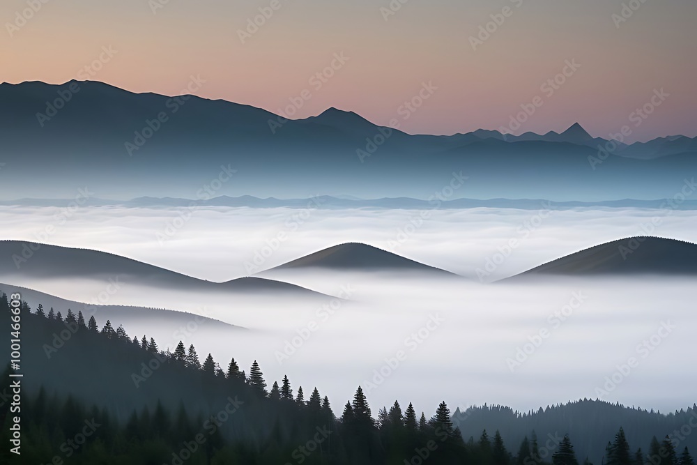 Distant mountain ranges veiled in low-hanging mist. Distant mountain ranges veiled in low-hanging mist.