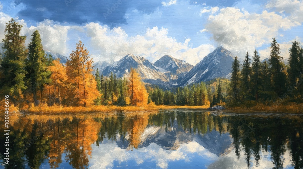 Serene landscape painting of a mountain range with a lake in the foreground, trees reflecting on the water. Perfect for calming wall decor. Serene landscape painting of a mountain range with a lake in the foreground, trees reflecting on the water. Perfect for calming wall decor.