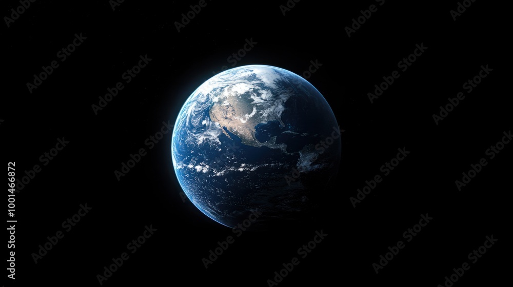 Naklejka premium A distant view of Earth as a blue marble in space, its vibrant surface glowing under the bright sunlight
