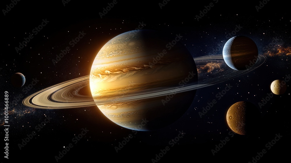A detailed view of the solar system gas giants, Jupiter and Saturn, with their moons orbiting and glowing brightly A detailed view of the solar system gas giants, Jupiter and Saturn, with their moons orbiting and glowing brightly