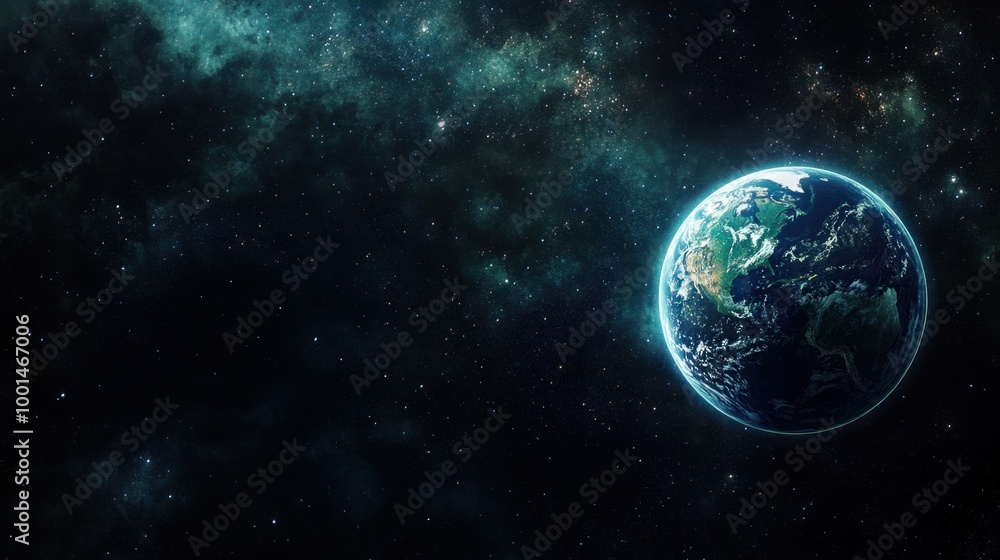 A distant view of Earth in space, its blue and green surface glowing brightly against the blackness of the universe A distant view of Earth in space, its blue and green surface glowing brightly against the blackness of the universe