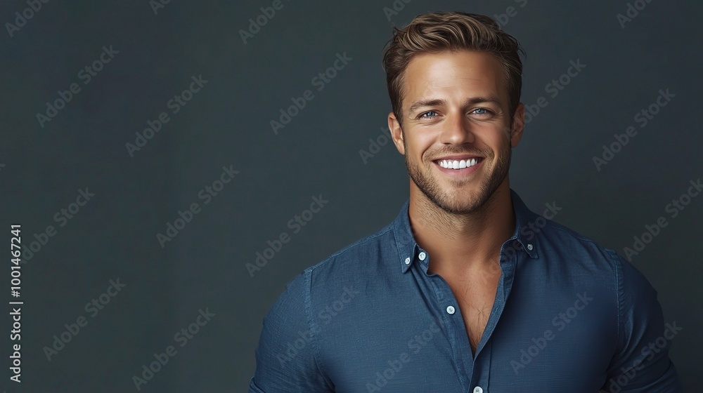 Smiling Young Man with Casual Blue Shirt Smiling Young Man with Casual Blue Shirt