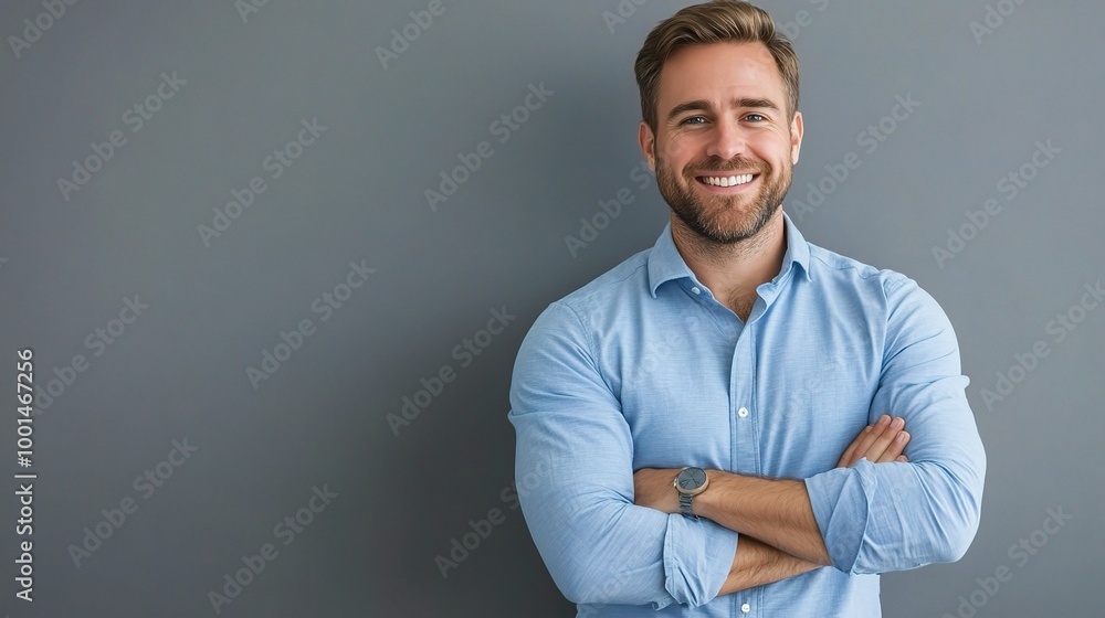 Confident Man Smiling Against Gray Background Confident Man Smiling Against Gray Background
