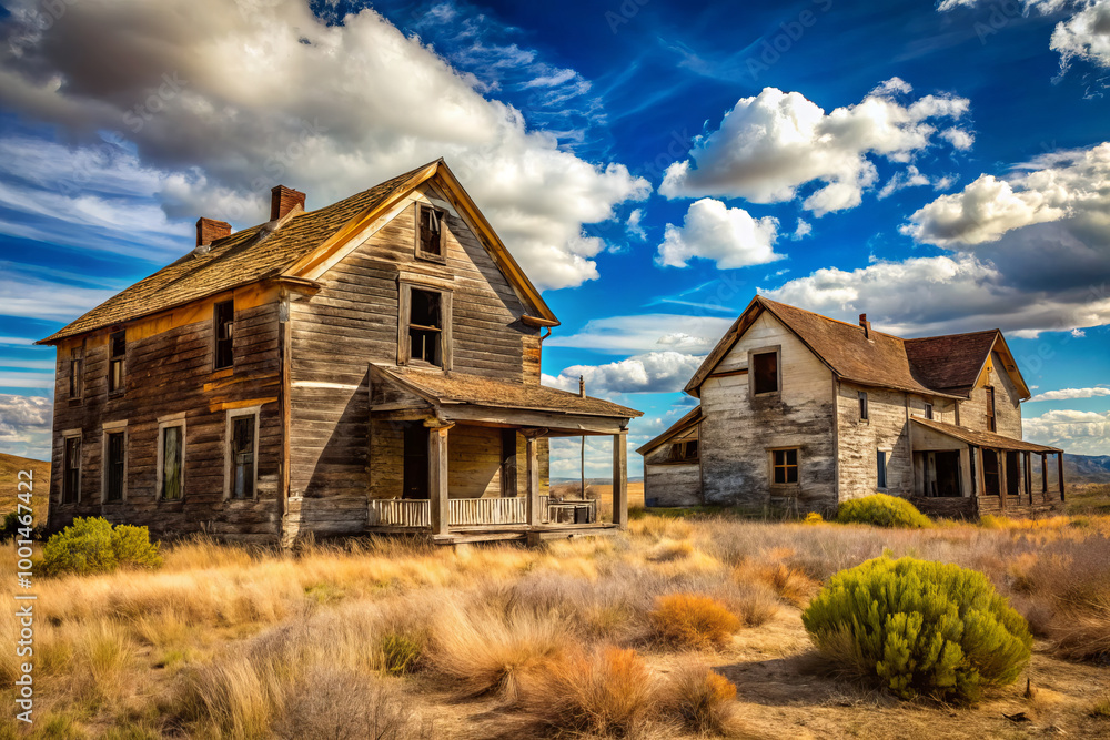 Abandoned houses stand in desolate landscape under dramatic sky, showcasing beauty of decay and natures reclamation. scene evokes sense of nostalgia and mystery Abandoned houses stand in desolate landscape under dramatic sky, showcasing beauty of decay and natures reclamation. scene evokes sense of nostalgia and mystery