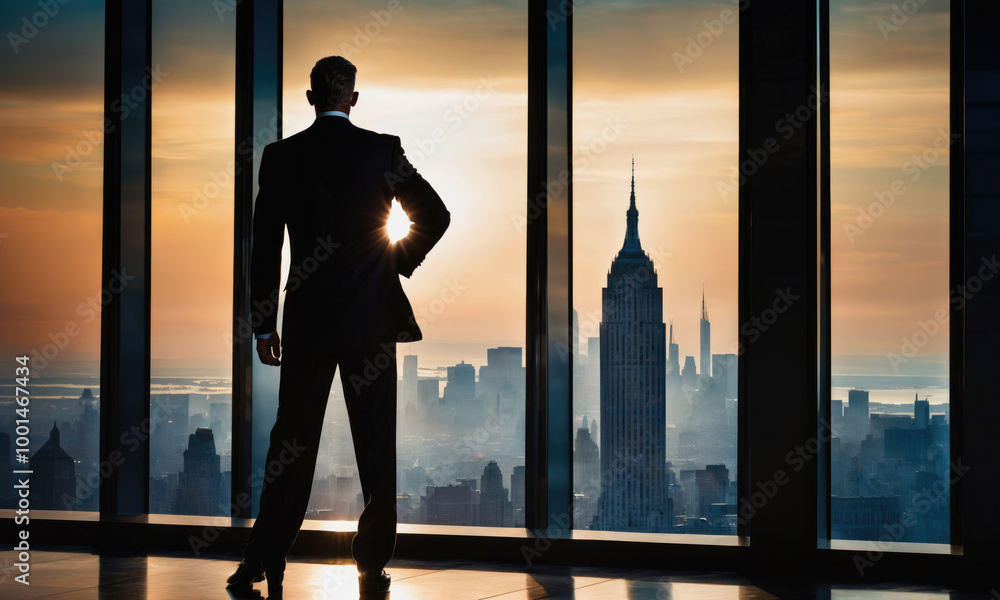 A businessman looks out over the New York City skyline during a golden hour sunrise A businessman looks out over the New York City skyline during a golden hour sunrise