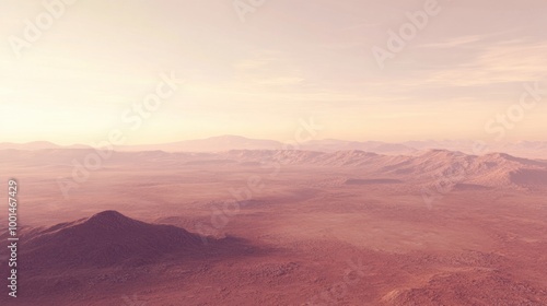 A distant view of Mars rust-colored surface, with vast desert plains and rocky outcrops under a pale pinkish atmosphere