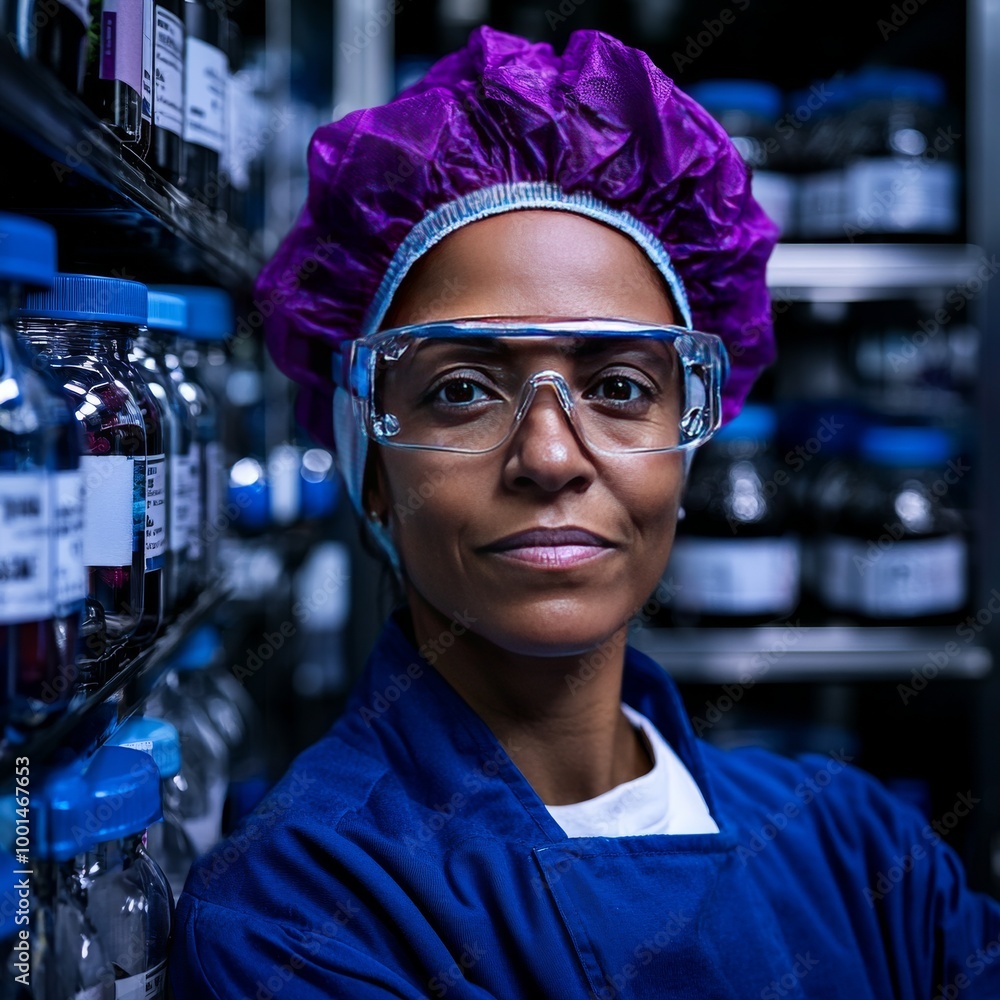 Female Scientist in Lab Coat with Safety Glasses and Hairnet