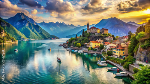 stunning view of serene lake surrounded by majestic mountains, with charming village nestled along shore. sunset casts warm glow over landscape, creating picturesque scene