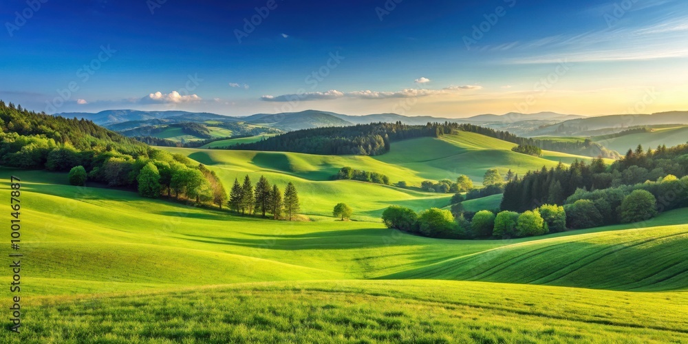 Fototapeta premium Serene Landscape of Rolling Green Meadow, Hills and Forest under Clear Blue Sky