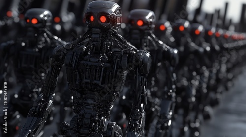 Dark Military Robots in Formation with Red Eyes in Futuristic Setting scifi movie background 