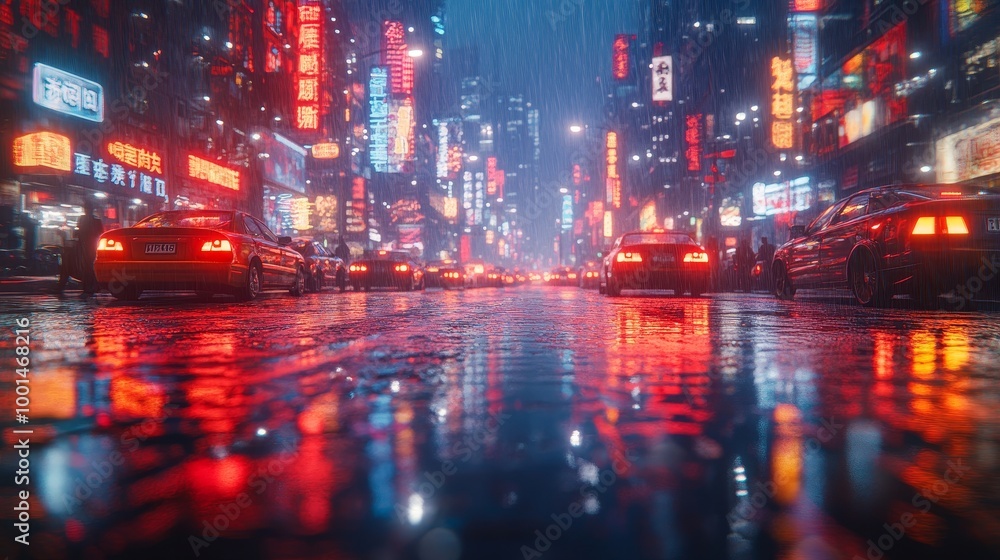 Fototapeta premium Times Square at Night in Rain with Neon Lights and cars in traffic