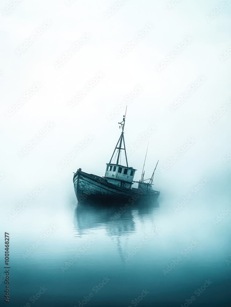 A weathered fishing boat floats silently in a foggy landscape, perfect for themes of solitude, mystery, or tranquility in various media like articles, blogs, and posters, A weathered fishing boat floats silently in a foggy landscape, perfect for themes of solitude, mystery, or tranquility in various media like articles, blogs, and posters,