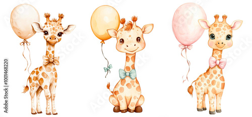 Wallpaper Mural Set of cute watercolor giraffes with balloon png. Cute giraffes with bow on neck for birthday with balloon. Children's birthday concept. Torontodigital.ca