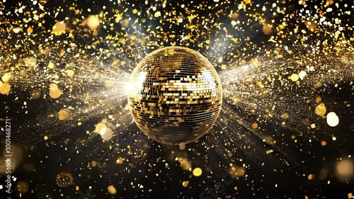 Golden disco ball sparkling with bright lights, confetti, and golden particles against a dark background