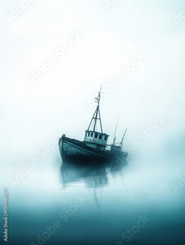 A weathered fishing boat floats silently in a foggy landscape, perfect for themes of solitude, mystery, or tranquility in various media like articles, blogs, and posters,