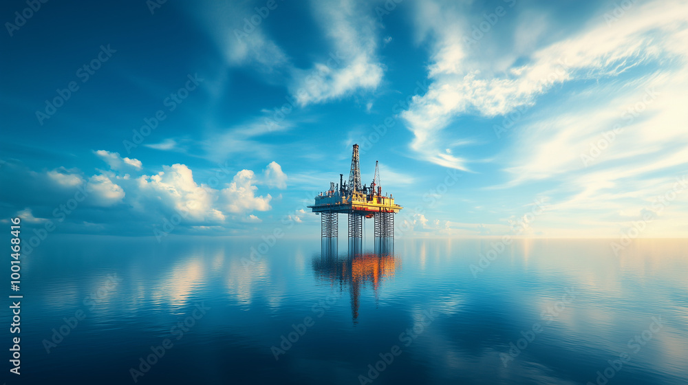 Obraz premium A distant offshore oil rig stands in the middle of a calm ocean, under a vast and vibrant blue sky with scattered clouds. The reflection of the platform. Scale of industrial technology 