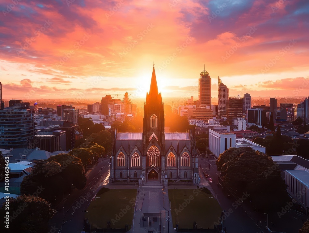 Obraz premium Sunset over the rebuilt Christchurch Cathedral, symbolizing hope and renewal in the city s vibrant skyline