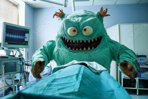 Comical Monster in Operating Room with Medical Equipment