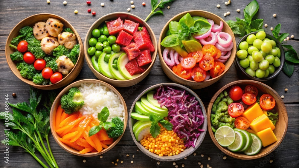Colorful poke bowl containers with fresh ingredients arranged for a delicious healthy meal display Colorful poke bowl containers with fresh ingredients arranged for a delicious healthy meal display