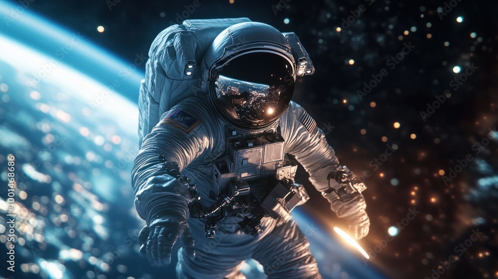 A dynamic image of an astronaut performing a spacewalk in a shiny, high-tech spacesuit, with the Earth and stars in the background A dynamic image of an astronaut performing a spacewalk in a shiny, high-tech spacesuit, with the Earth and stars in the background