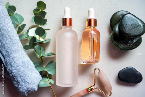 Aromatherapy essentials displayed with eucalyptus leaves, skincare oils, and smooth stones on a light surface for a calming spa experience
