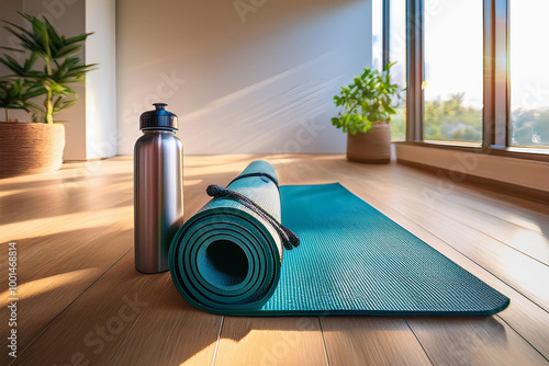 Yoga mat and water bottle situated near large windows in a bright, serene room during the morning sunlight