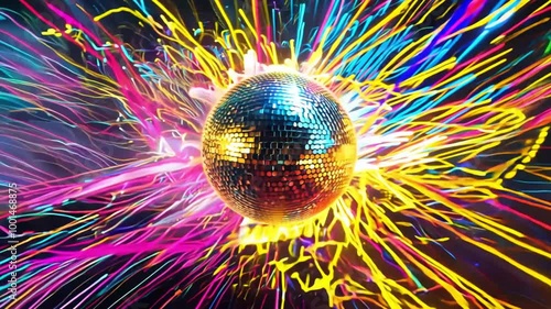 A glowing disco ball with vibrant swirling neon lights in a colorful explosion of energy