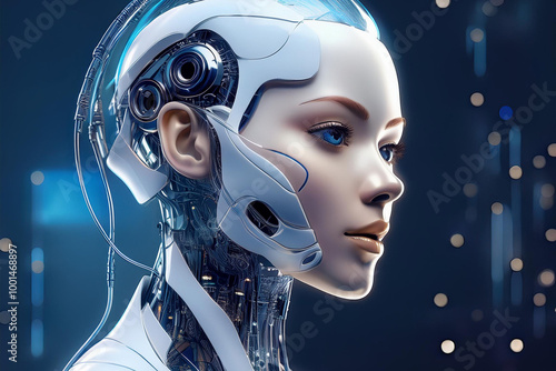 A futuristic humanoid robot with intricate mechanical details and glowing features, showcasing advanced technology in a digital environment