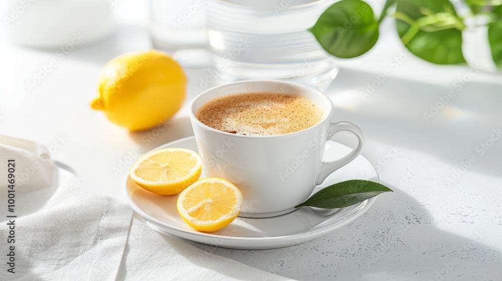 A cup of espresso with a side of sparkling water and a lemon twist A cup of espresso with a side of sparkling water and a lemon twist