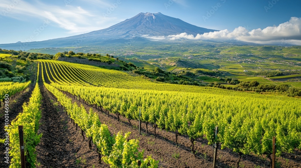 A vineyard with a mountain in the background A vineyard with a mountain in the background