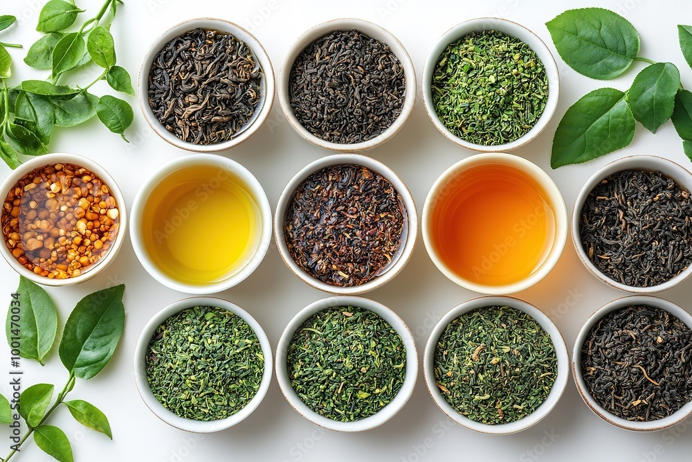 A white background with a variety of teas and spices in bowls A white background with a variety of teas and spices in bowls