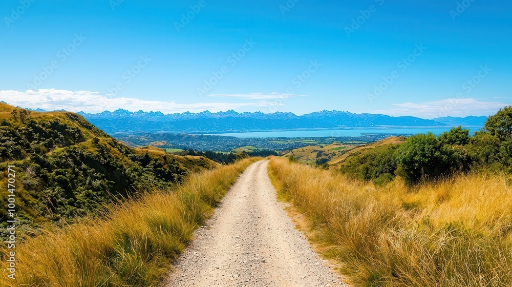 Fototapeta premium A scenic hike through the native bush of the Port Hills, offering stunning views of Christchurch city and the Canterbury Plains