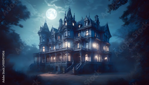 Eerily Beautiful Moonlit Abandoned Mansion in an Ethereal Landscape