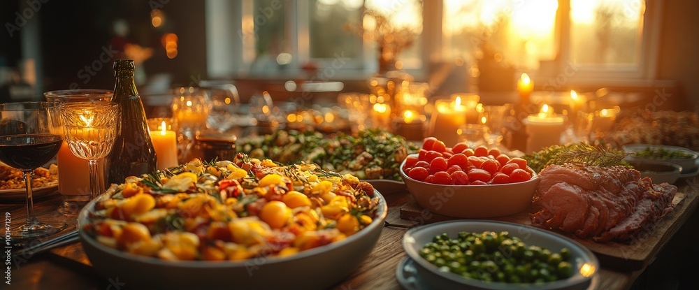 Festive Dinner Table with Delicious Food and Warm Candlelight Festive Dinner Table with Delicious Food and Warm Candlelight