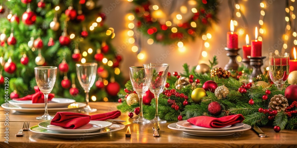 Festive Christmas table setting with blank space for product display and branding Festive Christmas table setting with blank space for product display and branding